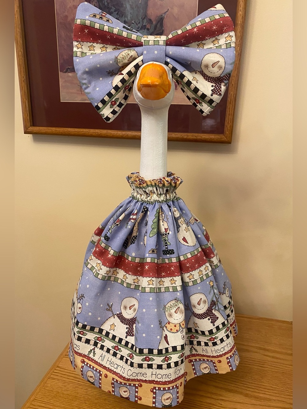Handcrafted Porch Goose Outfit Dress & Padded Bow. Snowman Christmas Theme